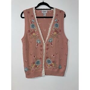 Koret Women's Small Pink Vintage Crochet Lace Floral Granny Sweater Vest Cottage